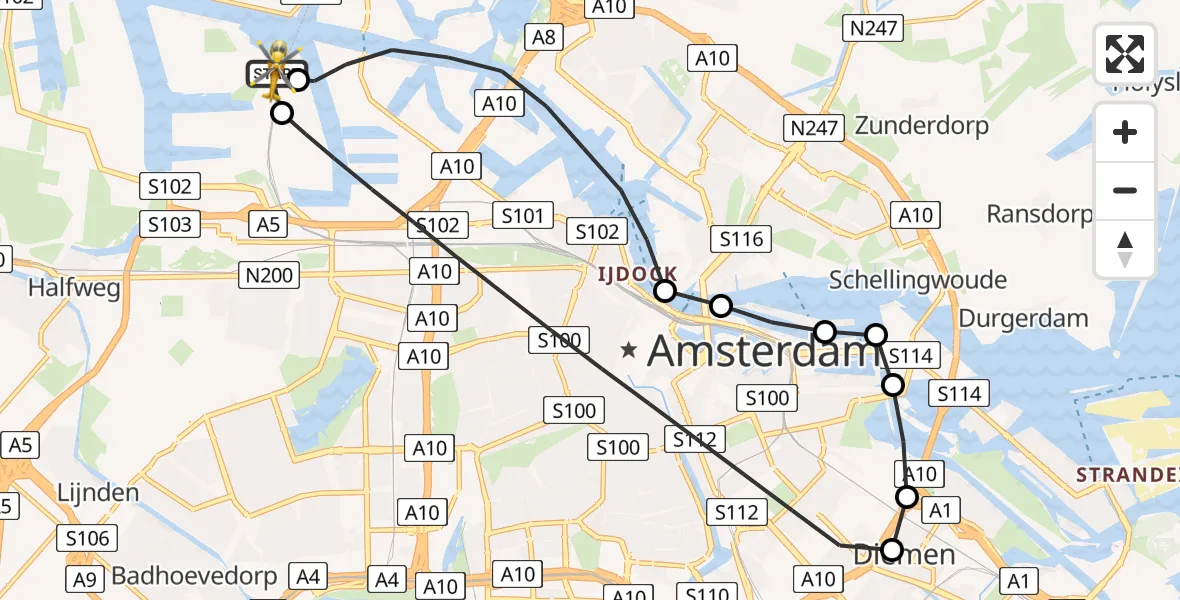 Vluchtroute Traumahelikopter van Amsterdam Heliport naar Amsterdam Heliport