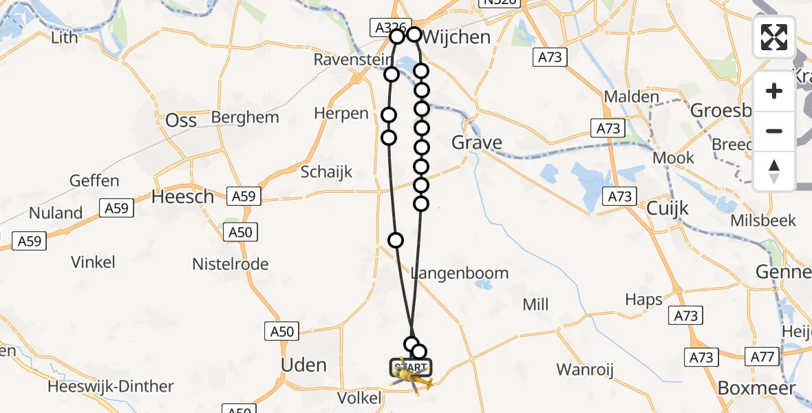 Vluchtroute Traumahelikopter van Vliegbasis Volkel naar Vliegbasis Volkel