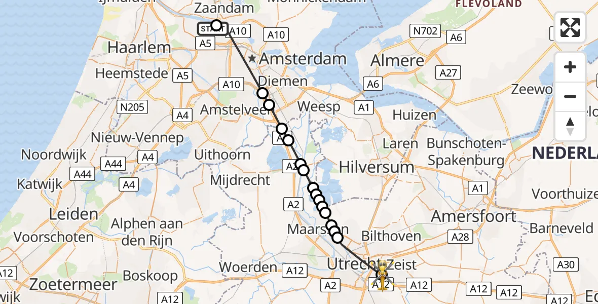 Vluchtroute Traumahelikopter van Amsterdam Heliport naar Bunnik