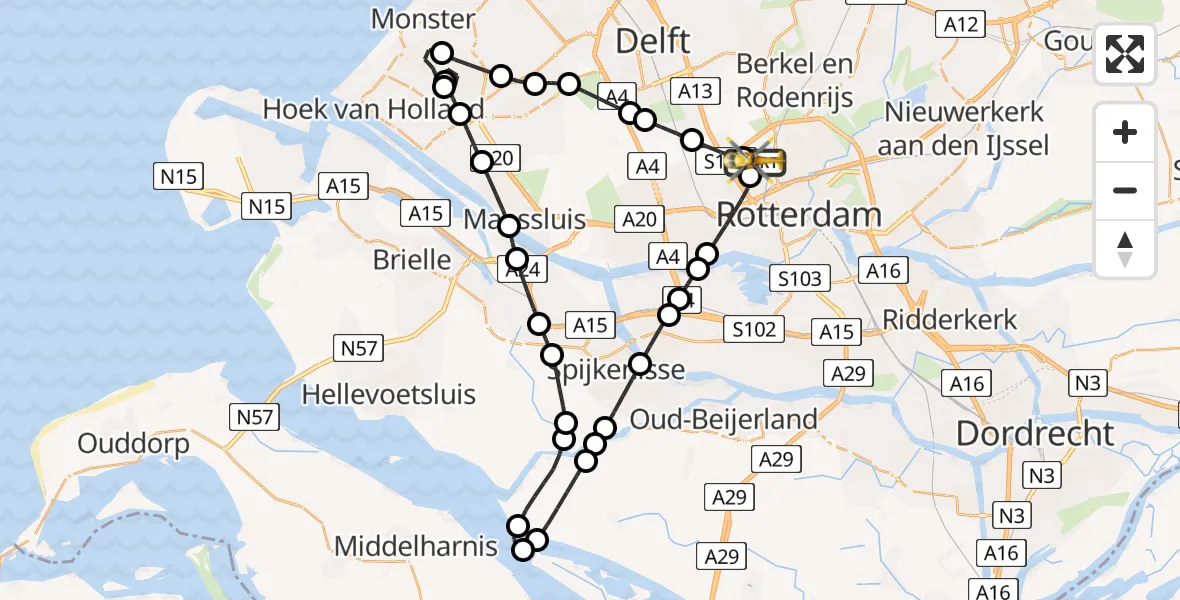 Vluchtroute Traumahelikopter van Rotterdam The Hague Airport naar Rotterdam The Hague Airport