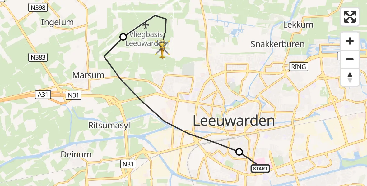 Vluchtroute Ambulancehelikopter van Leeuwarden Medical Center Heliport naar Vliegbasis Leeuwarden