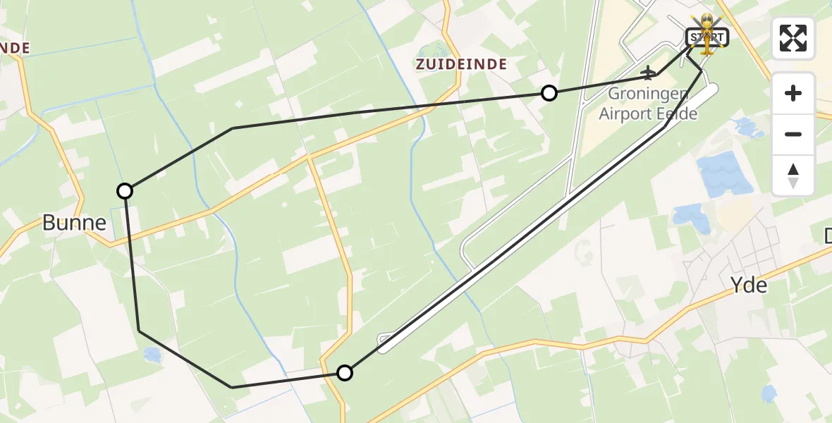 Vluchtroute Traumahelikopter van Groningen Airport Eelde naar Groningen Airport Eelde