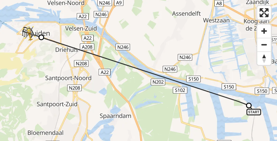 Vluchtroute Traumahelikopter van Amsterdam Heliport naar IJmuiden