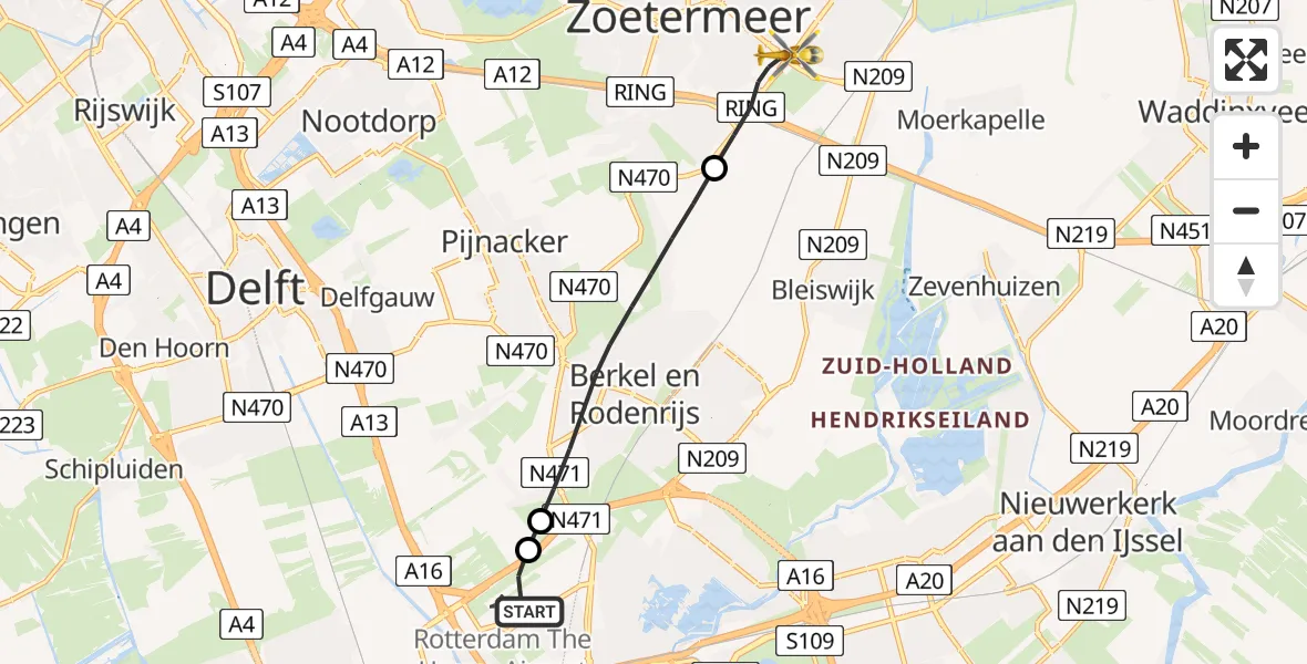 Vluchtroute Traumahelikopter van Rotterdam The Hague Airport naar Zoetermeer