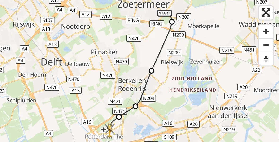 Vluchtroute Traumahelikopter van Zoetermeer naar Rotterdam The Hague Airport