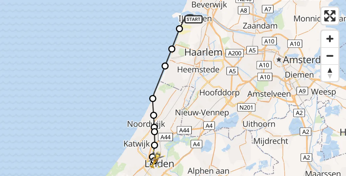 Vluchtroute Traumahelikopter van IJmuiden naar Leiden University Medical Center Heliport