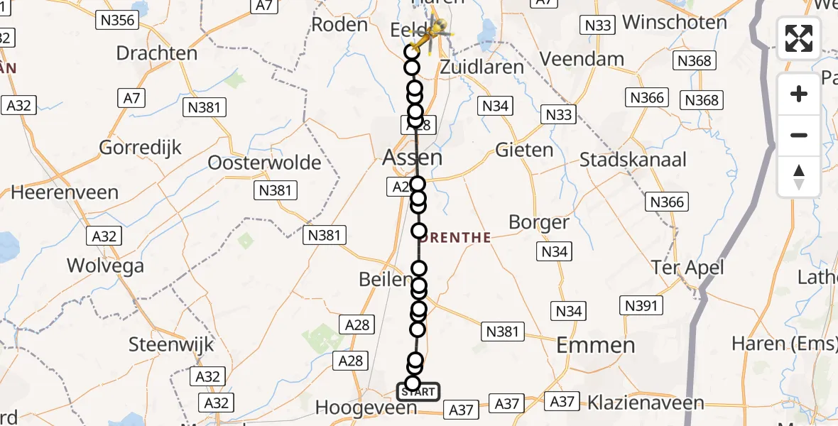 Vluchtroute Traumahelikopter van Nieuweroord naar Groningen Airport Eelde