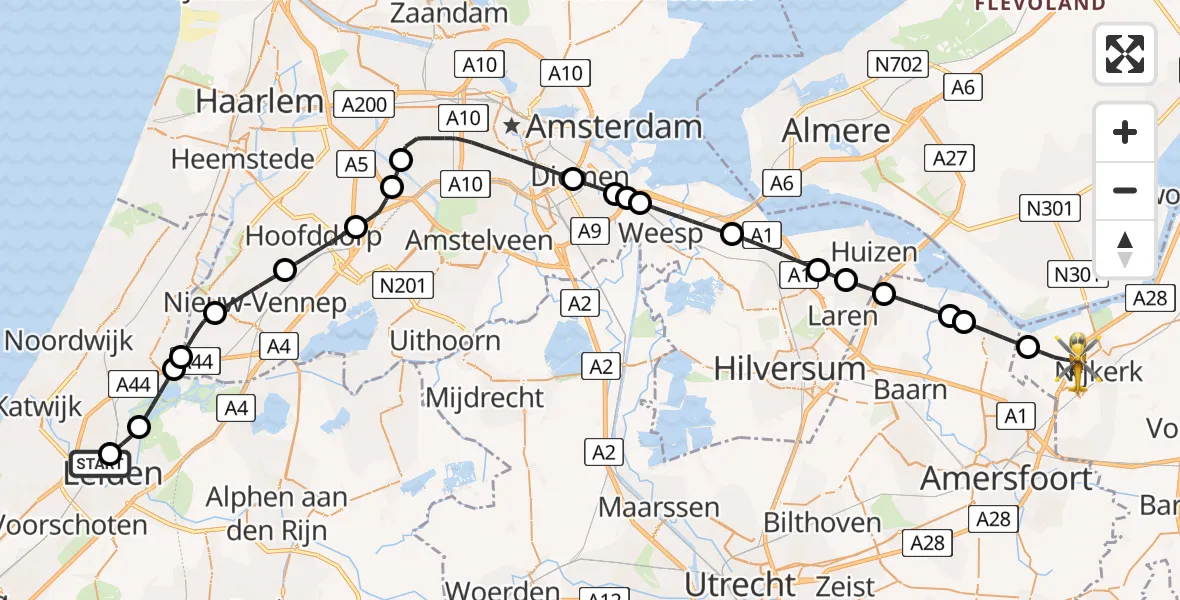 Routekaart van de vlucht: Lifeliner 1 onderweg vanuit Leiden University Medical Center Heliport