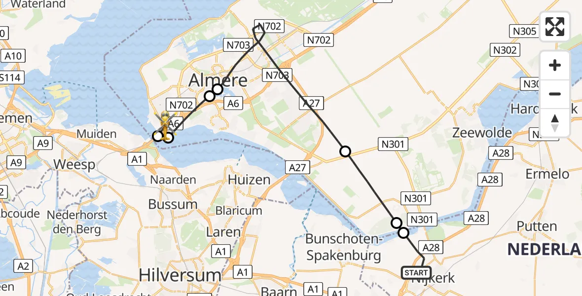 Vluchtroute Traumahelikopter van Nijkerk naar Almere