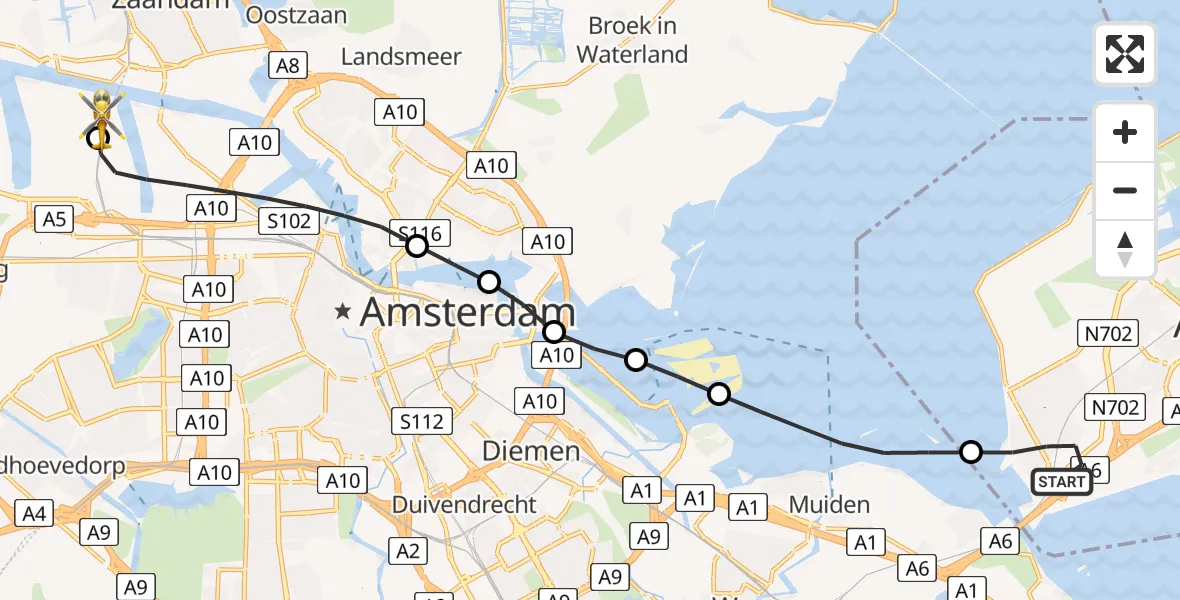 Vluchtroute Traumahelikopter van Almere naar Amsterdam Heliport