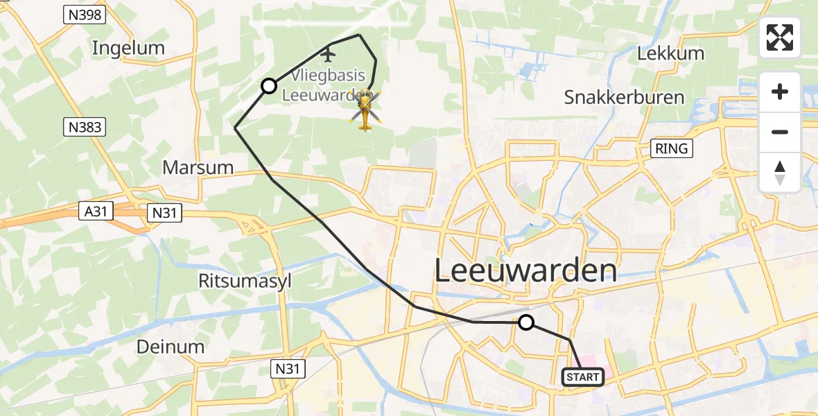 Vluchtroute Ambulancehelikopter van Leeuwarden Medical Center Heliport naar Vliegbasis Leeuwarden