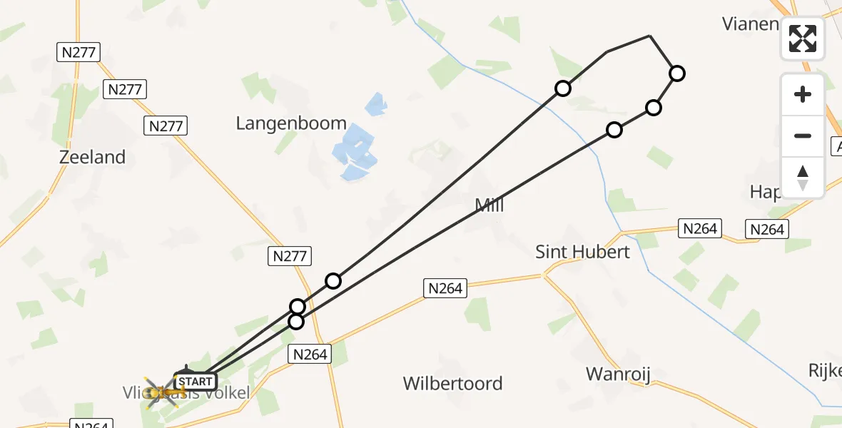 Vluchtroute Traumahelikopter van Vliegbasis Volkel naar Vliegbasis Volkel