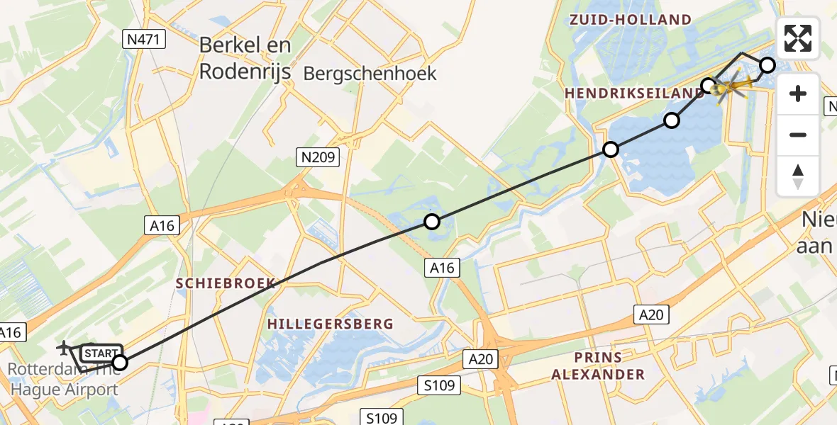 Vluchtroute Traumahelikopter van Rotterdam The Hague Airport naar Rotterdam