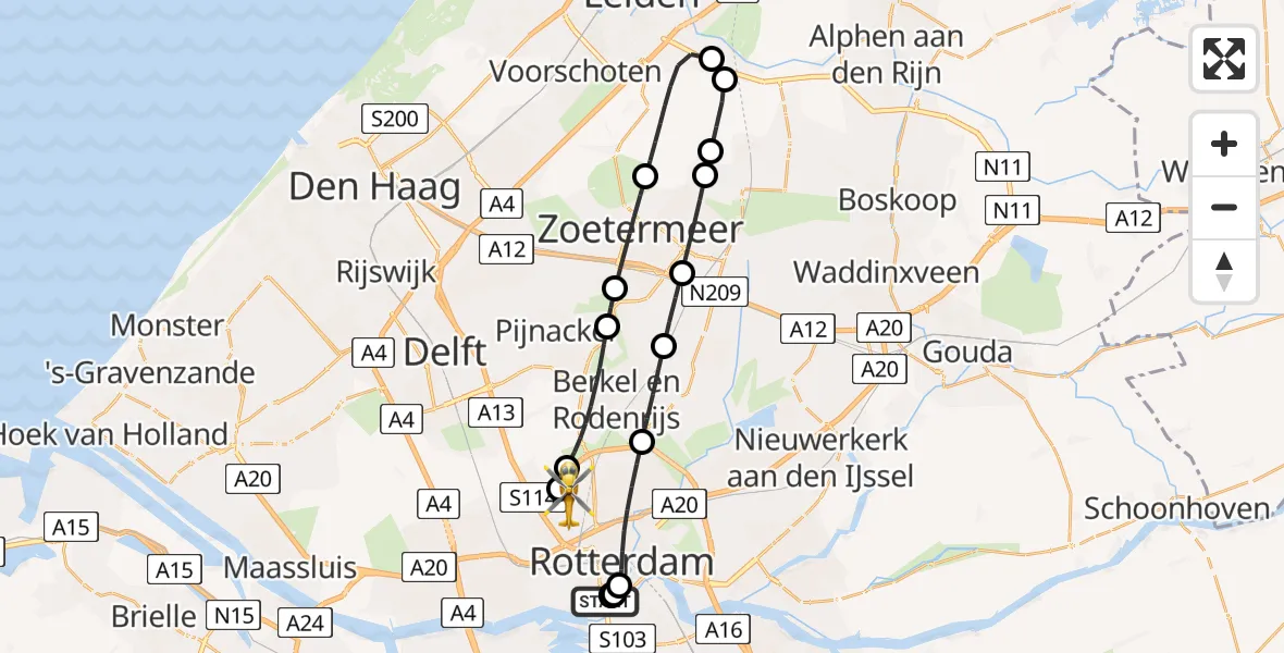 Vluchtroute Traumahelikopter van Erasmus MC naar Rotterdam The Hague Airport
