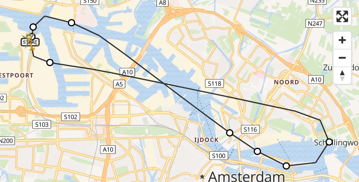 Vluchtroute Traumahelikopter van Amsterdam Heliport naar Amsterdam Heliport