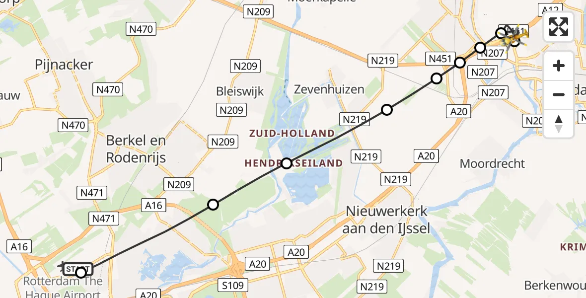 Vluchtroute Traumahelikopter van Rotterdam The Hague Airport naar Waddinxveen