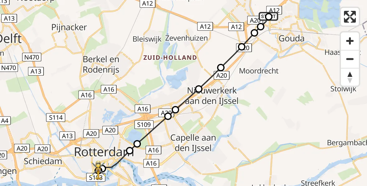 Vluchtroute Traumahelikopter van Waddinxveen naar Erasmus MC