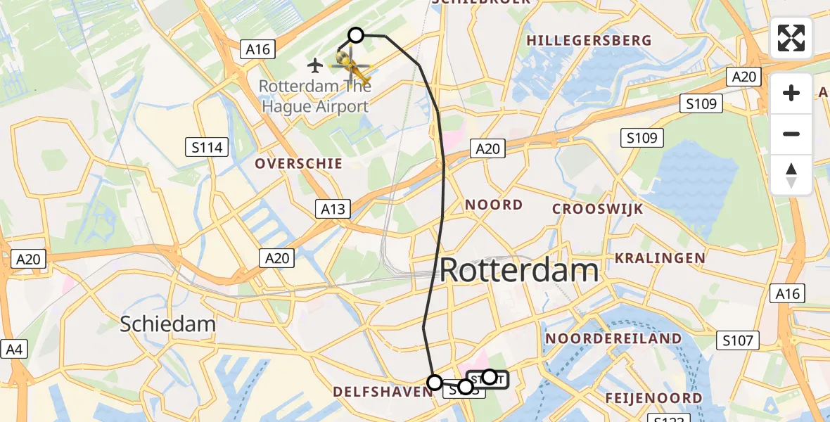 Vluchtroute Traumahelikopter van Leids Universitair Medisch Centrum (LUMC) naar Rotterdam The Hague Airport