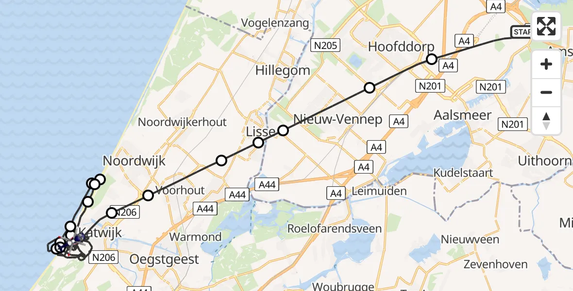Vluchtroute Politiehelikopter van Amsterdam Vliegveld Schiphol naar Katwijk
