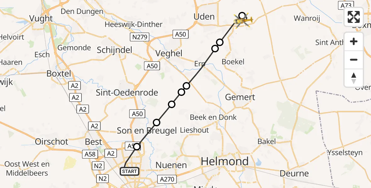 Vluchtroute Traumahelikopter van Eindhoven naar Vliegbasis Volkel