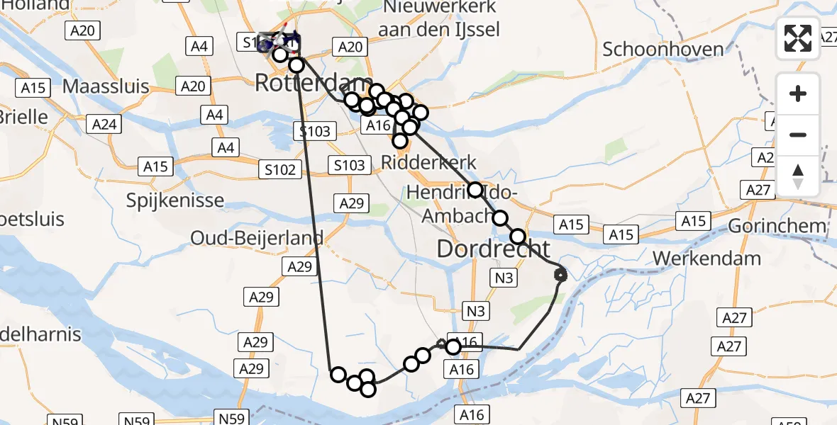 Vluchtroute Politiehelikopter van Rotterdam The Hague Airport naar Rotterdam The Hague Airport