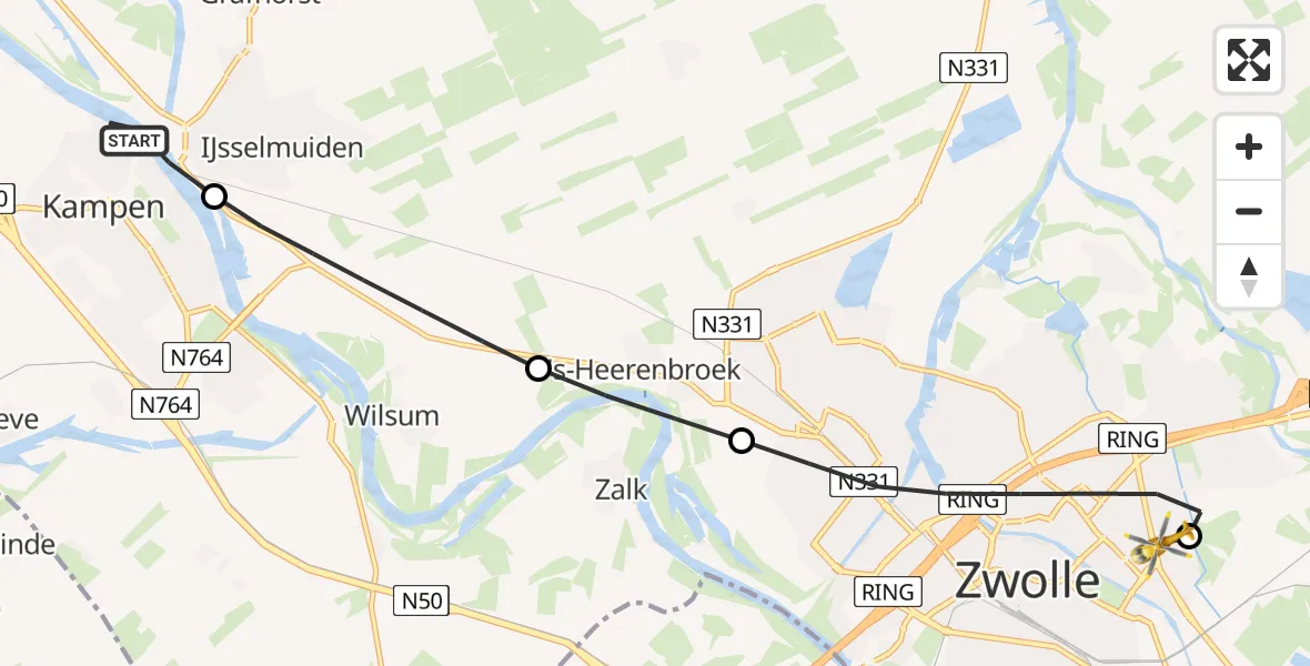 Vluchtroute Traumahelikopter van Kampen naar Isala Hospital Zwolle Heliport