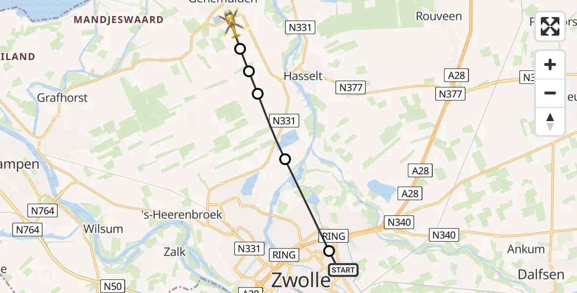 Vluchtroute Traumahelikopter van Isala Hospital Zwolle Heliport naar Genemuiden
