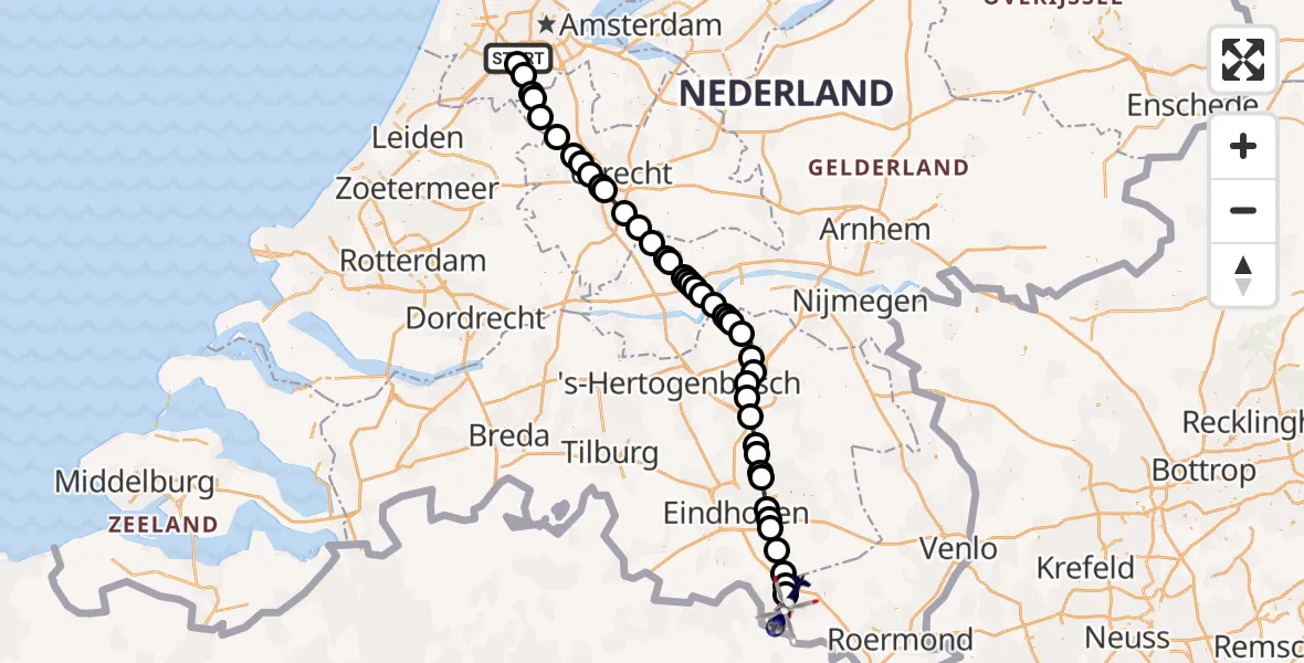 Vluchtroute Politiehelikopter van Amsterdam Vliegveld Schiphol naar Weert