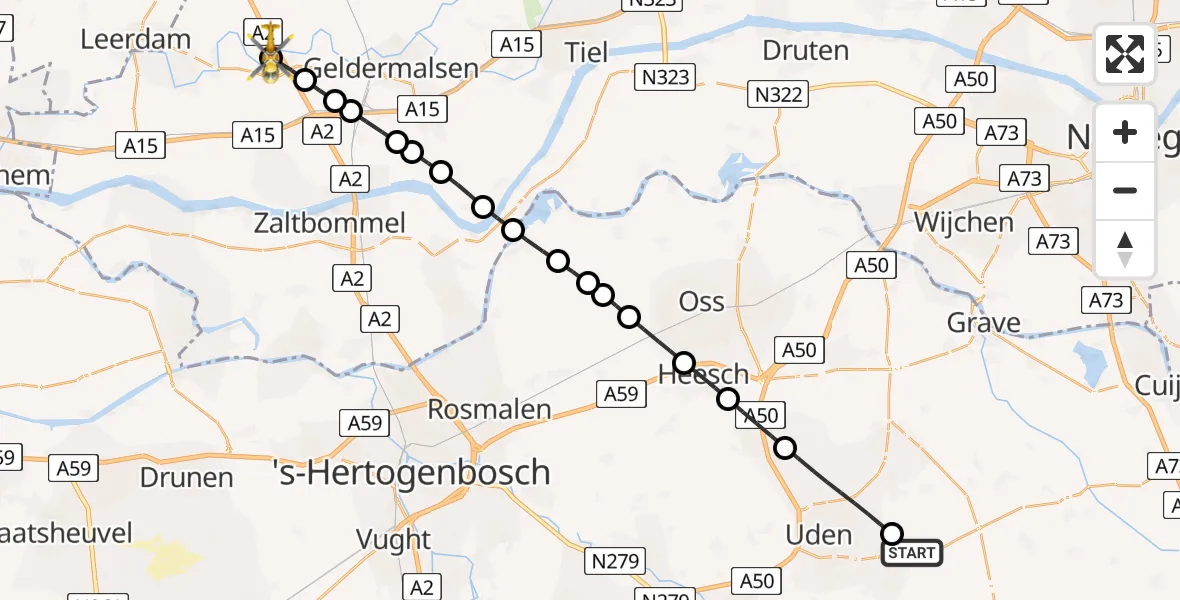 Vluchtroute Traumahelikopter van Vliegbasis Volkel naar Beesd