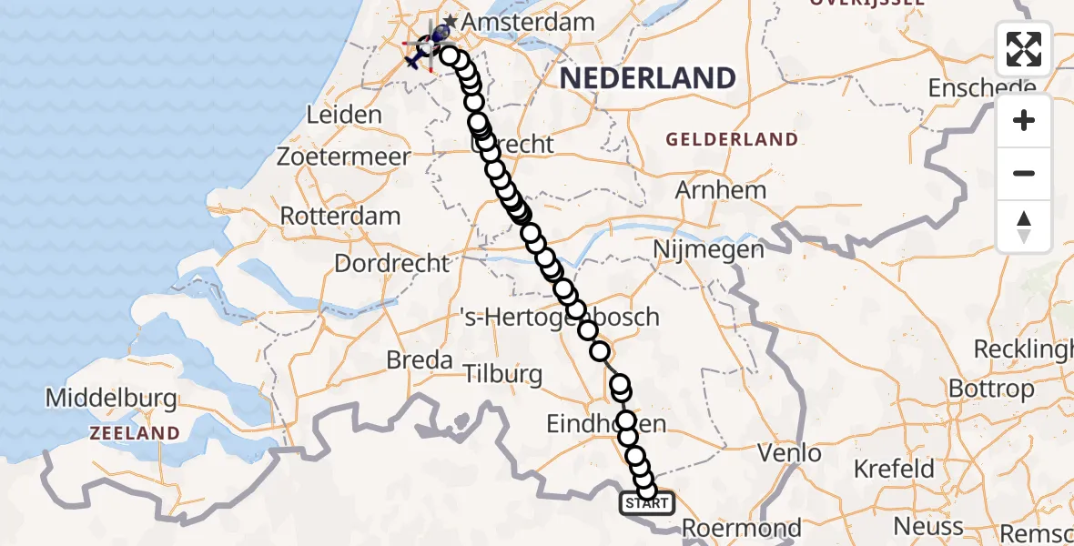 Vluchtroute Politiehelikopter van Weert naar Amsterdam Vliegveld Schiphol