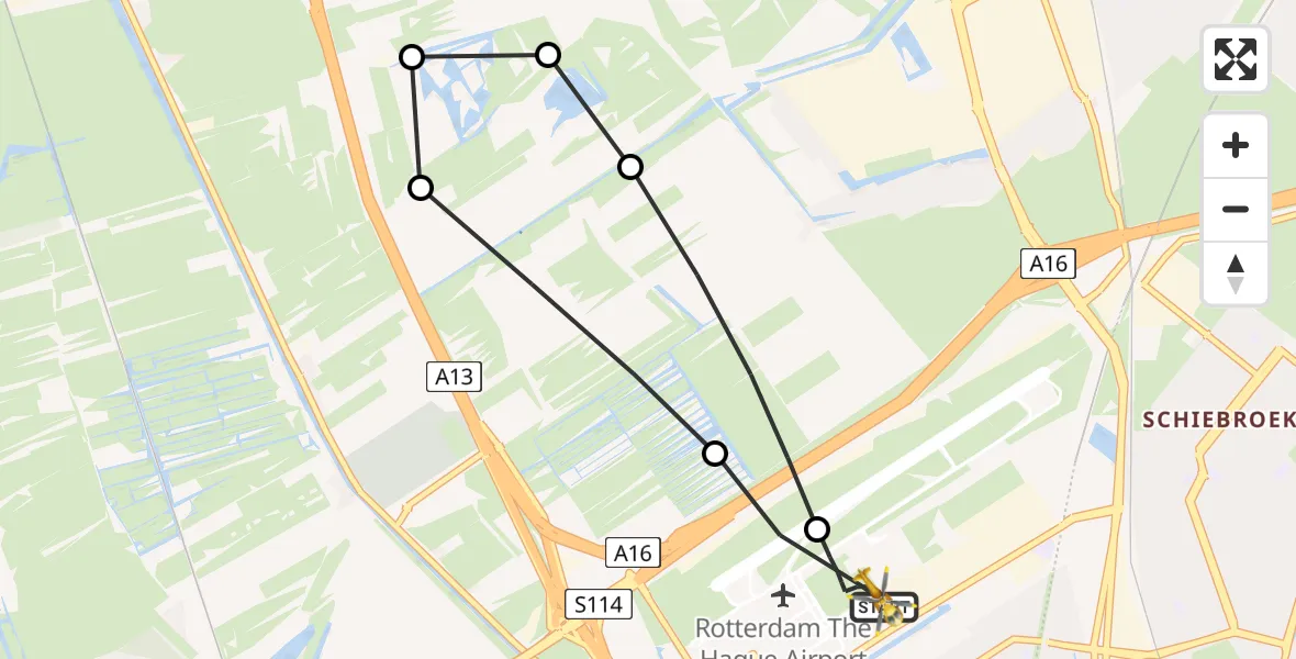 Vluchtroute Traumahelikopter van Rotterdam The Hague Airport naar Rotterdam The Hague Airport