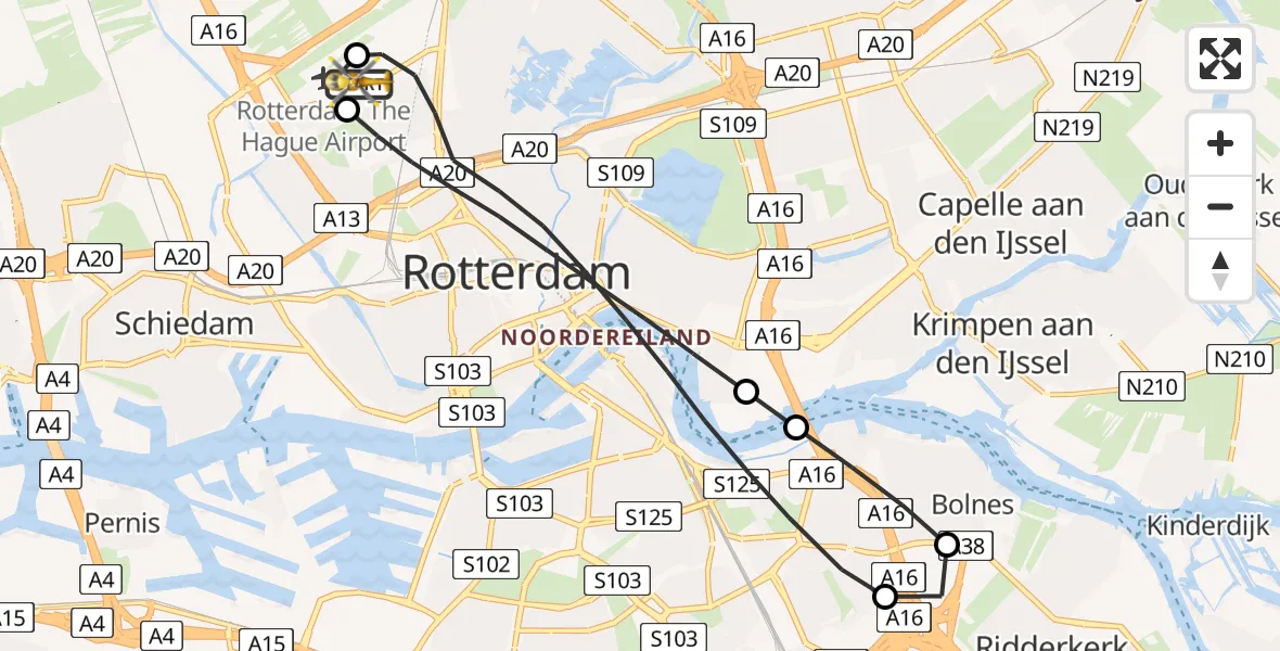 Vluchtroute Traumahelikopter van Rotterdam The Hague Airport naar Rotterdam The Hague Airport