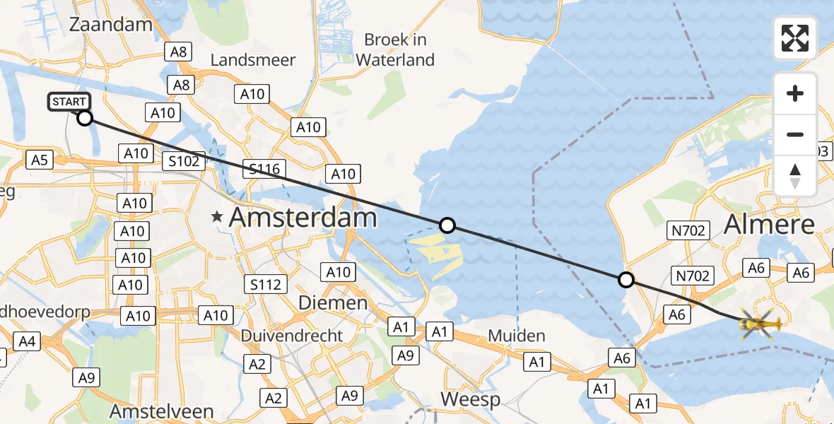 Vluchtroute Traumahelikopter van Amsterdam Heliport naar Almere
