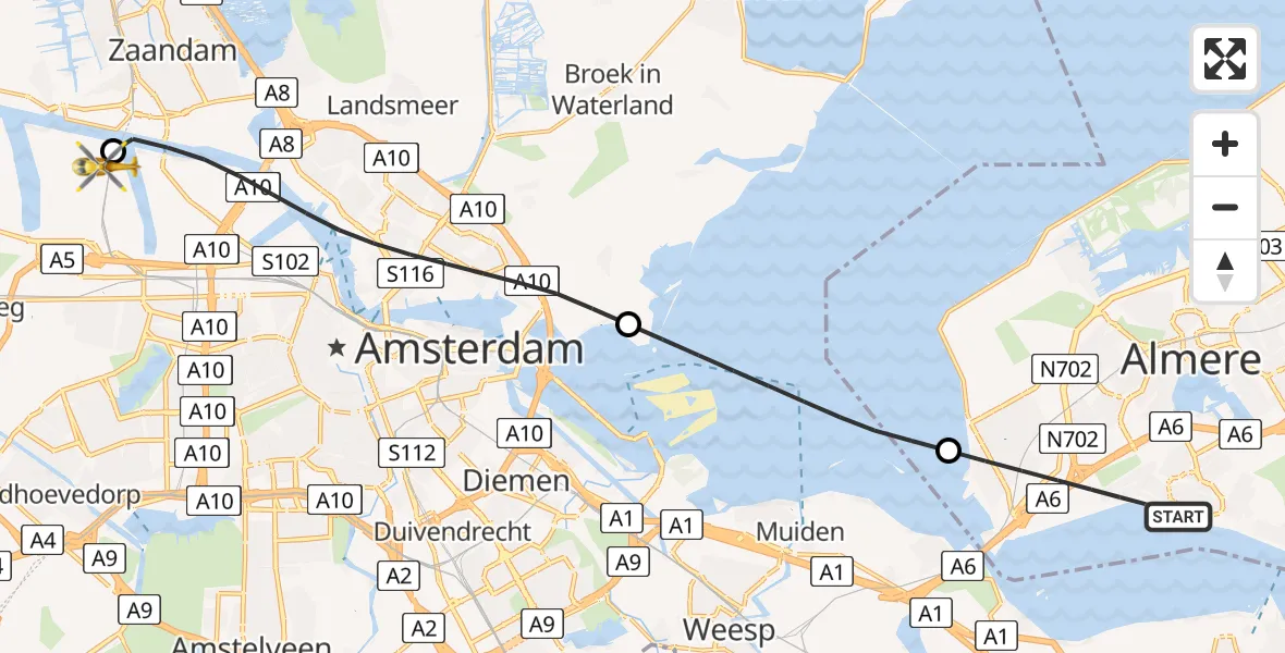 Vluchtroute Traumahelikopter van Almere naar Amsterdam Heliport
