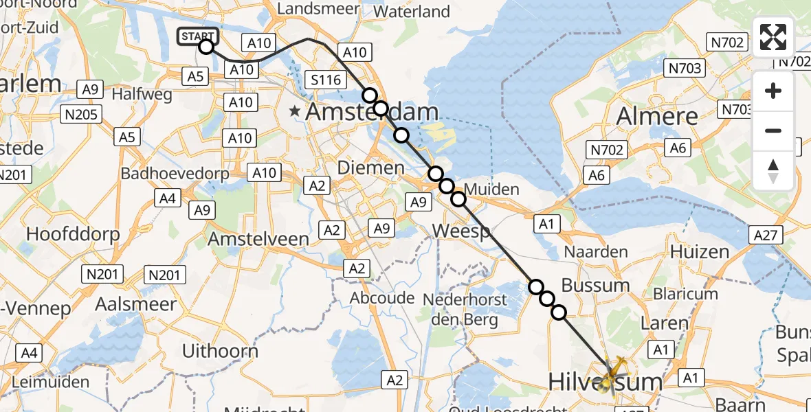 Vluchtroute Traumahelikopter van Amsterdam Heliport naar Hilversum