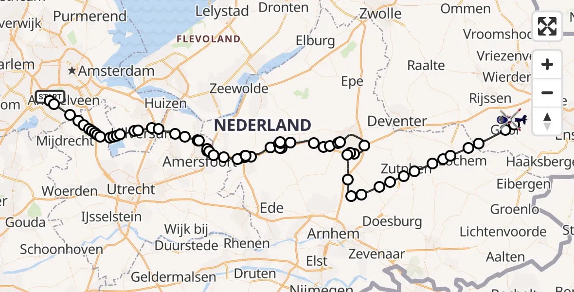 Vluchtroute Politiehelikopter van Amsterdam Vliegveld Schiphol naar Ambt Delden