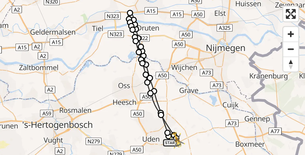 Vluchtroute Traumahelikopter van Vliegbasis Volkel naar Vliegbasis Volkel