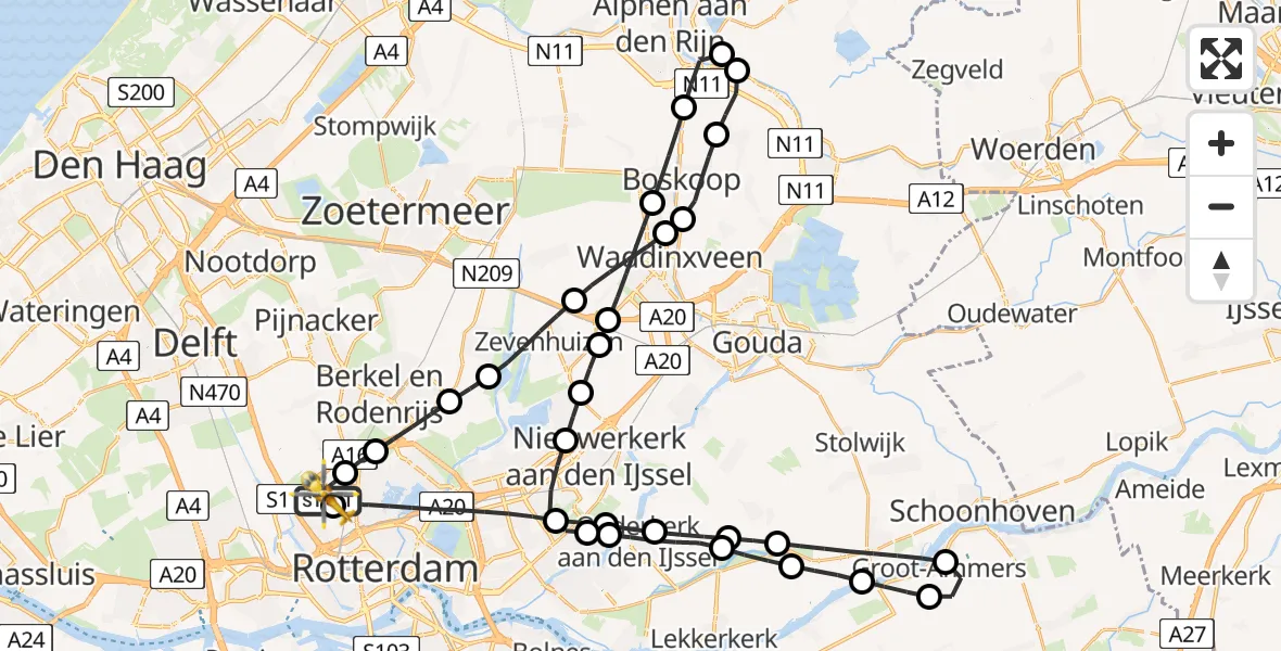 Vluchtroute Traumahelikopter van Rotterdam The Hague Airport naar Rotterdam The Hague Airport