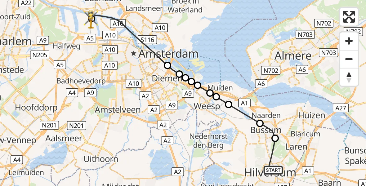 Vluchtroute Traumahelikopter van Hilversum naar Amsterdam Heliport
