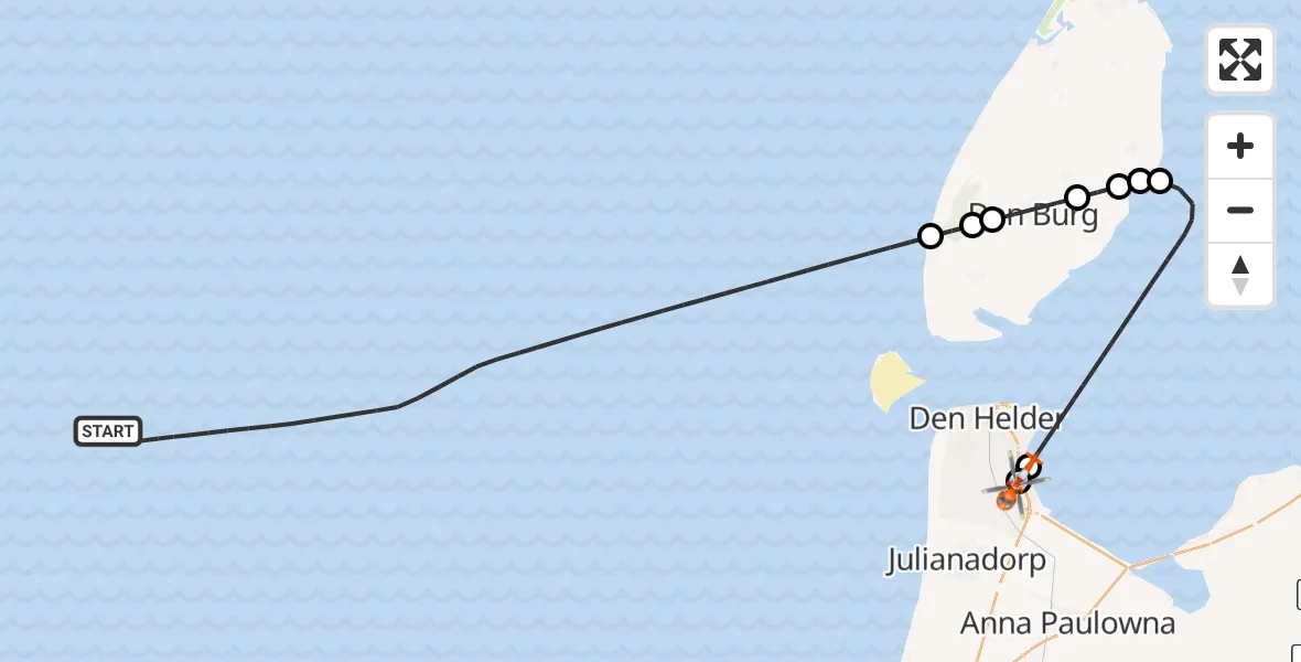 Vluchtroute Kustwachthelikopter van Noordzee naar Militair vliegveld De Kooy / Den Helder Airport