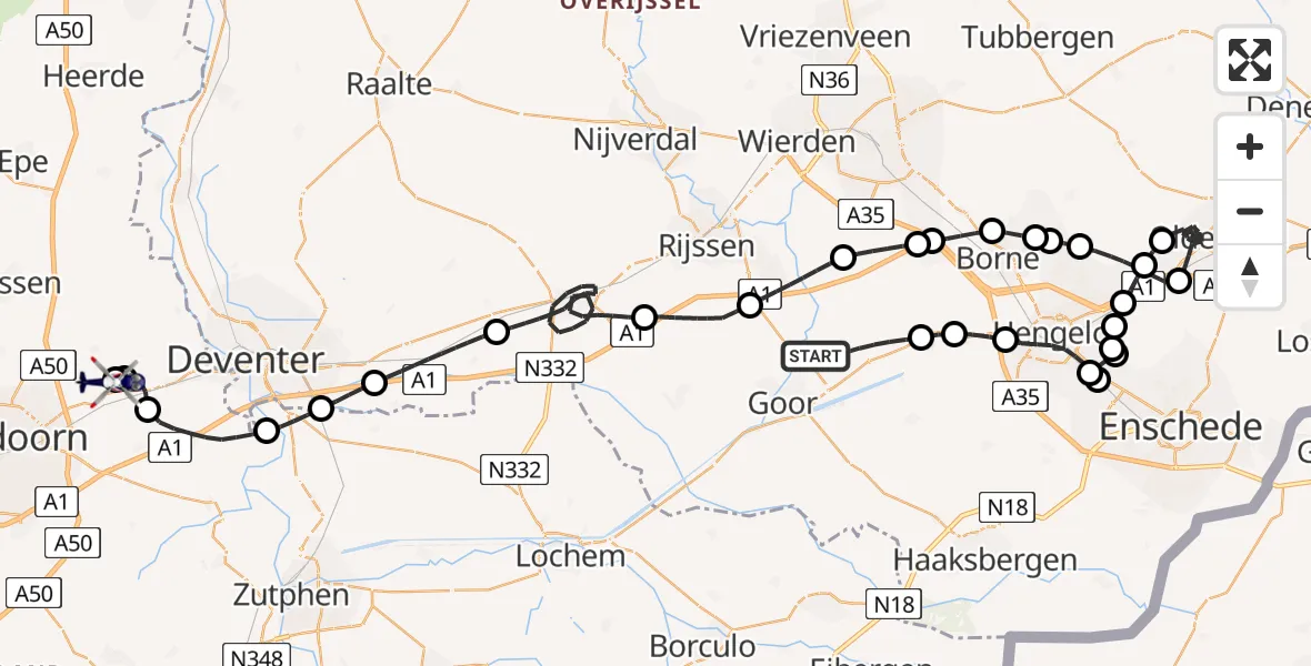 Vluchtroute Politiehelikopter van Ambt Delden naar Vliegveld Teuge