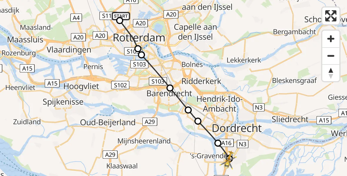 Vluchtroute Traumahelikopter van Rotterdam The Hague Airport naar Albert Schweitzer Hospital Amstelwijck Heliport