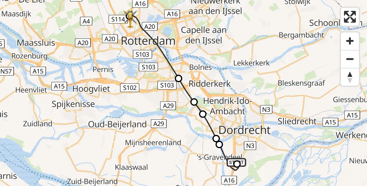 Vluchtroute Traumahelikopter van Albert Schweitzer Hospital Amstelwijck Heliport naar Rotterdam The Hague Airport