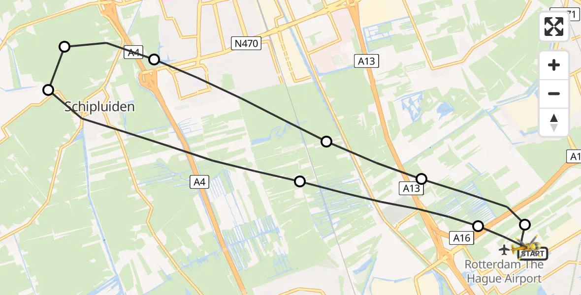 Vluchtroute Traumahelikopter van Rotterdam The Hague Airport naar Rotterdam The Hague Airport