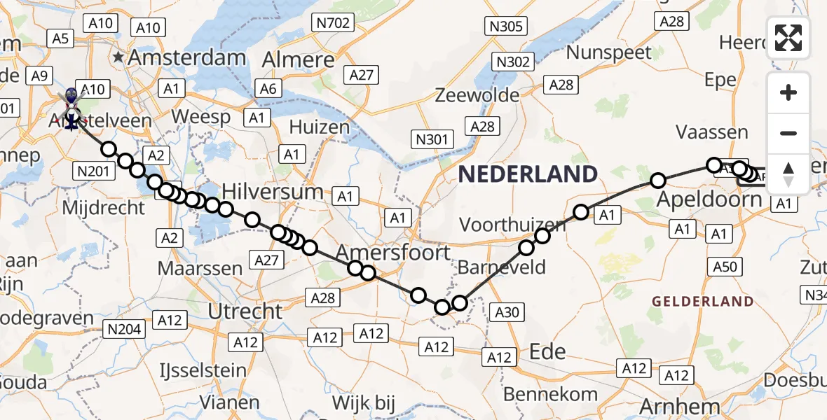 Vluchtroute Politiehelikopter van Vliegveld Teuge naar Amsterdam Vliegveld Schiphol