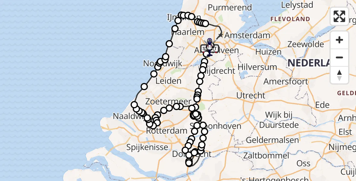 Vluchtroute Politiehelikopter van Amsterdam Vliegveld Schiphol naar Amsterdam Vliegveld Schiphol