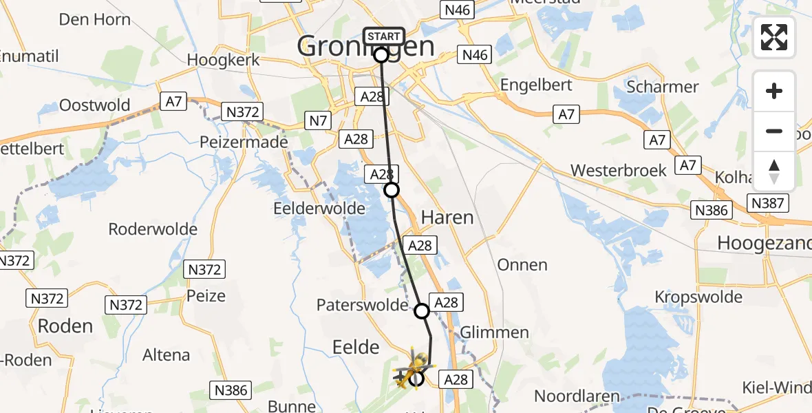 Vluchtroute Traumahelikopter van Universitair Medisch Centrum Groningen naar Groningen Airport Eelde
