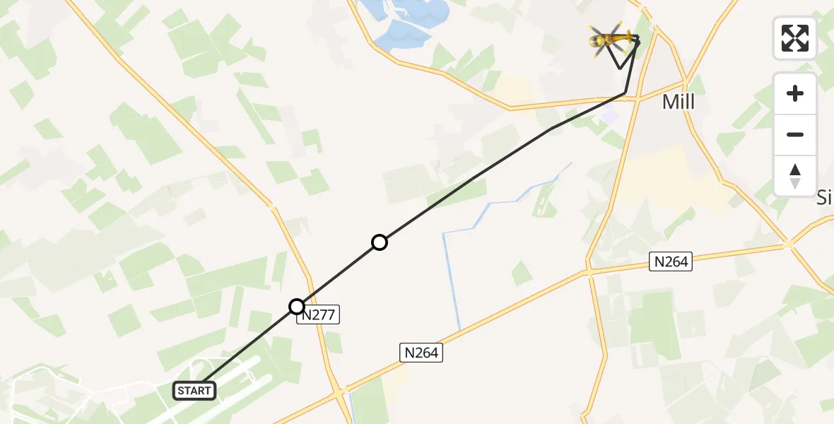 Vluchtroute Traumahelikopter van Vliegbasis Volkel naar Mill
