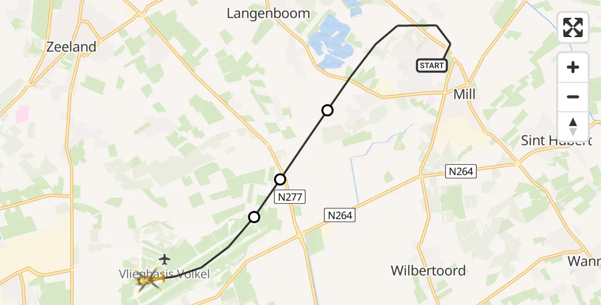 Vluchtroute Traumahelikopter van Mill naar Vliegbasis Volkel