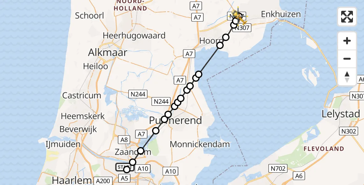 Vluchtroute Traumahelikopter van Amsterdam Heliport naar Hoogkarspel